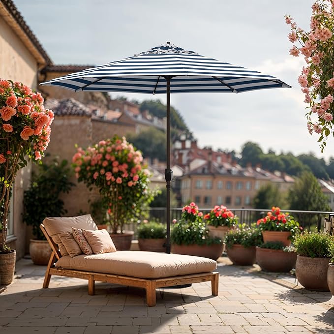 California Umbrella 12-Year Protection 9-Ft Outdoor Patio Umbrella, Sunbrella Fade-Resistant Fabric, Auto-Tilt, Heavy Duty Aluminum Frame, 8 Reinforced Ribs for Pool or Deck, Bronze Pole, Cabana Regatta