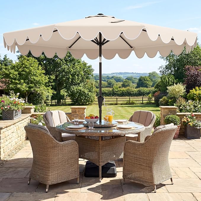 Tangkula 10 FT Patio Umbrella with Base Included, 2-Tiers Outdoor Scalloped Table Umbrella with 2 Sandbags, Tilt Adjustment, Crank, 8 Ribs for Market Backyard Pool Deck Beach Lawn