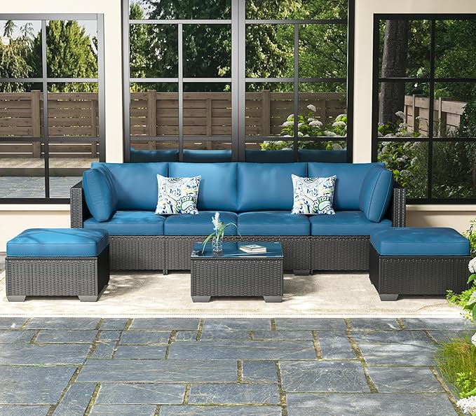 AECOJOY 7 Piece Outdoor Patio Furniture Set, Outdoor Sectional Conversation Furniture Chair with Coffee Table, Patio Sectional for Backyard, Garden(Peacock Blue Cushion and Black Rattan)