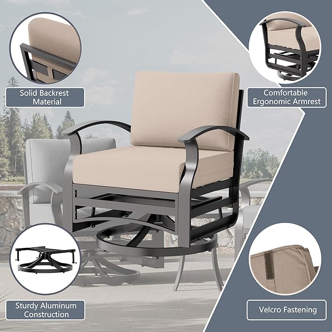 Aluminum Outdoor Patio Furniture Set,5 Pieces 7 Seats Patio Conversation Sets with 2 Swivel Rocking Chairs,Metal Patio Sectional Furniture Set with 5.1" Thickened Cushions,Sand