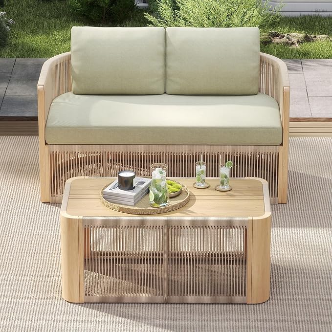 Patio Lounge Sofa Set of 2, Loveseat Rope Patio Furniture Set with Table, Outdoor Aluminum Conversation Sets, Outdoor Chair Sets for Porch, Garden, Deck, Balcony, Green