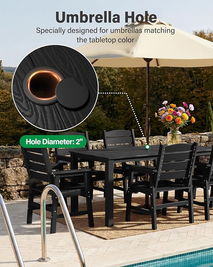 YEFU Patio Dining Sets HIPS: 5-Piece Outdoor Table and Chairs with Umbrella Hole - All-Weather Plastic Patio Dining Set for 4 Modern Furniture with Metal Aluminum Frame for Family with Deck/Pool Black