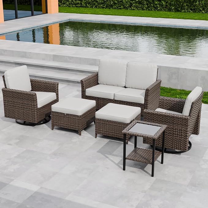 COOS BAY Harbor Retreat 6 Piece Outdoor Furniture Set, Patio Conversation Set with Swivel Rocking Chairs, 2 Seat Loveseat, Side Table and Ottomans, Wicker Furniture, Brown/Beige