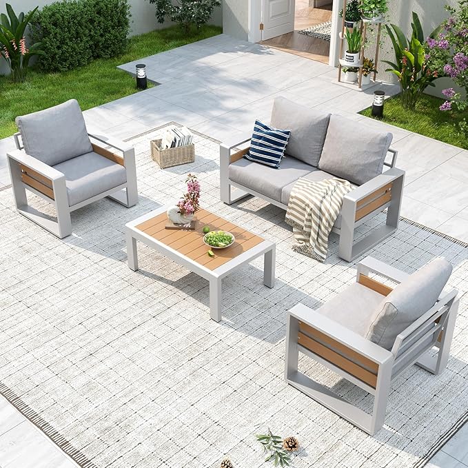 Aoxun Aluminum Patio Furniture Set, 4 Piece Luxury Outdoor Sectional with 6" Olefin Fabric Cushions, Patio Conversation Sets with Coffee Table and Waterproof Cover for Backyard, Porch Grey