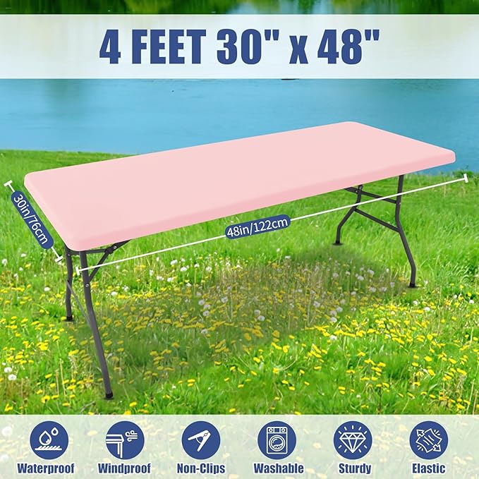 Moosfor Spandex 4 Foot Rectangle Table Cloth 2 Pack, Elastic Fitted Tablecloths for Picnic, Stretch Washable Patio Table Cover for Outdoor, Camping, Banquet and Parties (Pink, 30"x48")