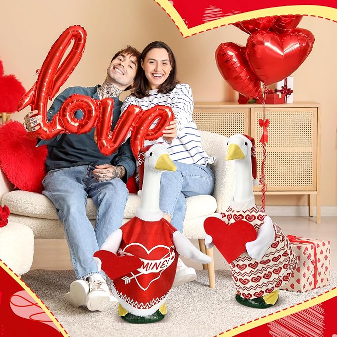 2 Sets Porch Goose Outfit Cute Red Heart Goose Dress Clothes with Headband and Wide Hat Costume for 23" Gooses Statue Decoration Patio Yard Garden Lawn Outdoor Decors