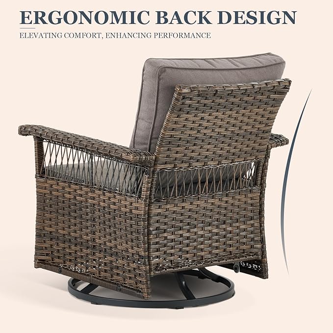 Patio Furniture Set 2 Wicker Swivel Glider Chairs 2 PE Rattan Chairs and 2 Ottomans with Grey Cushions Patio PE Rattan Side Table Brown Wicker Patio Conversation Set 7pcs for Patio