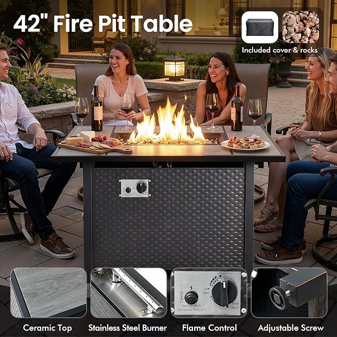 11 PCS Outdoor Patio Furniture Sets with 42'' Fire Pit Table,Wicker Weather Resistant Patio Conversation Set with 2 Wicker Rocking Chair,Modular L Shaped Sofa with Coffee Table for Yard,Denim Blue