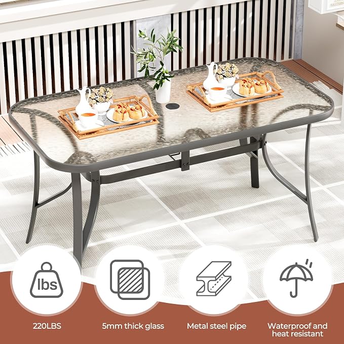 TLSUNNY 7 Pieces Patio Dining Set, Outdoor Table and Chairs W/1.69″ Umbrella Hole, 30"X 55" Table and Stackable Textilene Chair, All Weather Patio Furniture Set (Umbrella not Included) (Black)