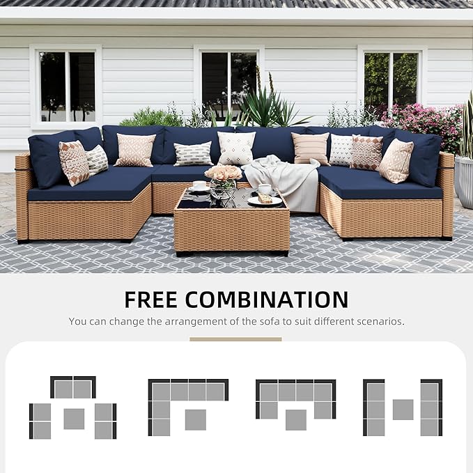 UPHA 7 Pieces Patio Furniture Sets, Wicker Outdoor Sectional Sofa Couch with Coffee Table, Patio Conversation Set for Deck Backyard Garden, Beige Rattan, Navy Blue Cushion