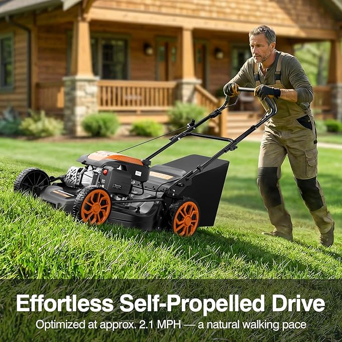 21-Inch Gas Lawn Mower Self Propelled, 170CC 4-in-1 Mulch/Rear Bag/Side Discharge/Rear Discharge, 7-Position Cutting Height, Foldable Gas Powered Lawn Mowers with Bag, Walk-Behind Gas Lawnmower
