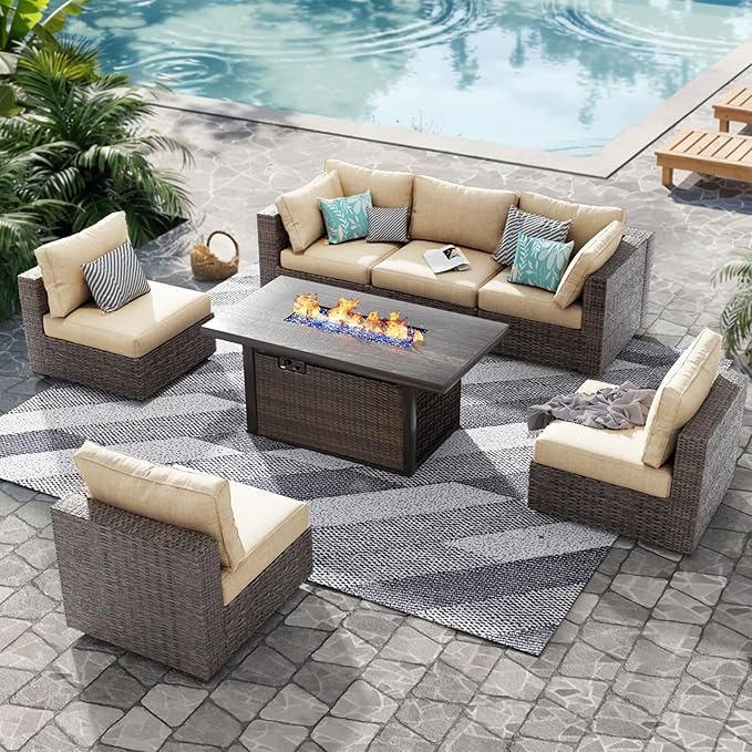 Grezone Patio Furniture Set,7 Piece Patio Furniture Set with Fire Pit Table,PE Wicker Rattan Sectional Sofa Patio Conversation Set with Thickened Cushions, Beige