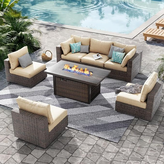 Grezone Patio Furniture Set,7 Piece Patio Furniture Set with Fire Pit Table,PE Wicker Rattan Sectional Sofa Patio Conversation Set with Thickened Cushions, Beige