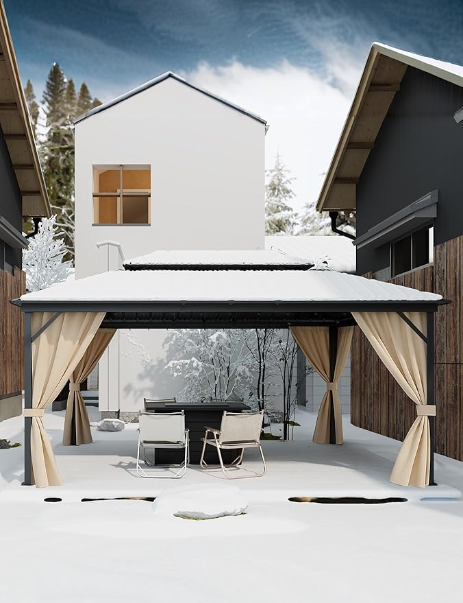 Hardtop Gazebo 12 x 16 ft for All Weather, with Double Metal Roof, Aluminum Alloy Frame, Net, and Curtain, Permanent Building for Patio, Deck, Backyard, Lawn, and Garden