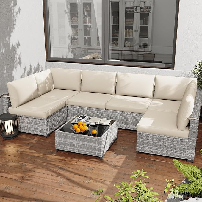 KIGOTY Patio Furniture Set,7 Pieces Modular Outdoor Sectional Sofa, PE Rattan Patio Conversation Set, All Weather Wicker Patio Furniture with Cushions and Coffee Table（Grey White/Grey）