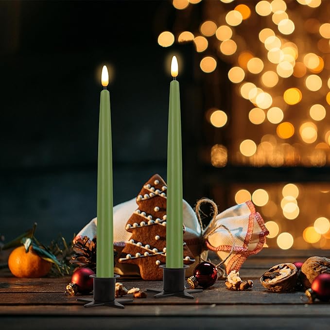CVHOMEDECO. Flameless Taper Candles with 10-Key Remote, Battery Operated Led Flickering 3D Wick Window Candles Real Wax Finished Home Christmas Party Decor 0.78 x 11 Inch, Pack of 2, Sage Green