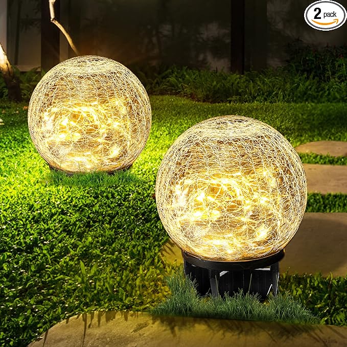 Hbaushun Garden Solar Lights 2 Pack,Outdoor Waterproof 30 LED Cracked Glass Ball Globe Solar Power Ground Lights for Pathway Path Yard Patio Lawn, Outdoor Christmas Decoration Landscape 4.7''