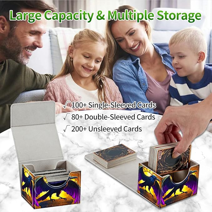 Card Deck Box for MTG, Cards Storage Box Fits 120+ Sleeved, Leather Small Size Strong Magnetic Closing Card Case for Board Games Magic TCG CCG Baseball Collection, Eagle With Purple Wings
