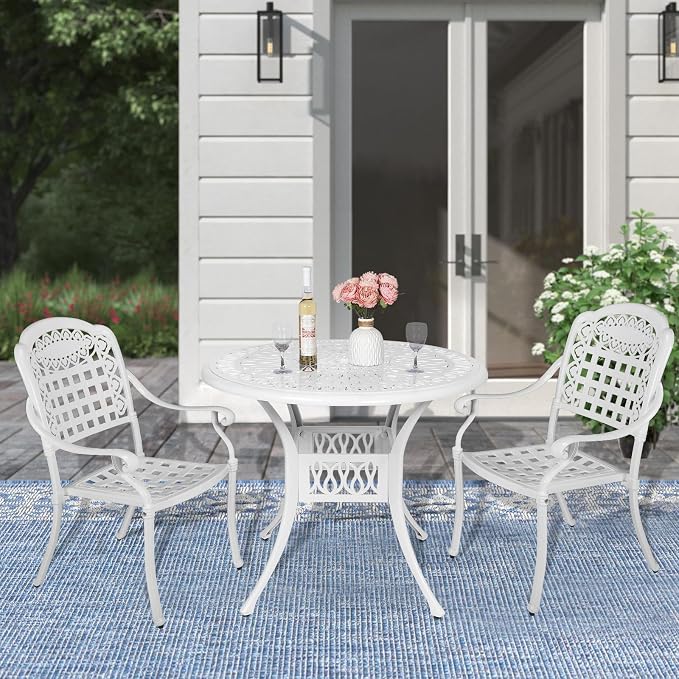 MEETWARM 3 Piece Patio Bistro Set, Outdoor All-Weather Cast Aluminum Dining Furniture Set Includes 2 Chairs and a 35.4” Round Table with Umbrella Hole for Garden Deck, White
