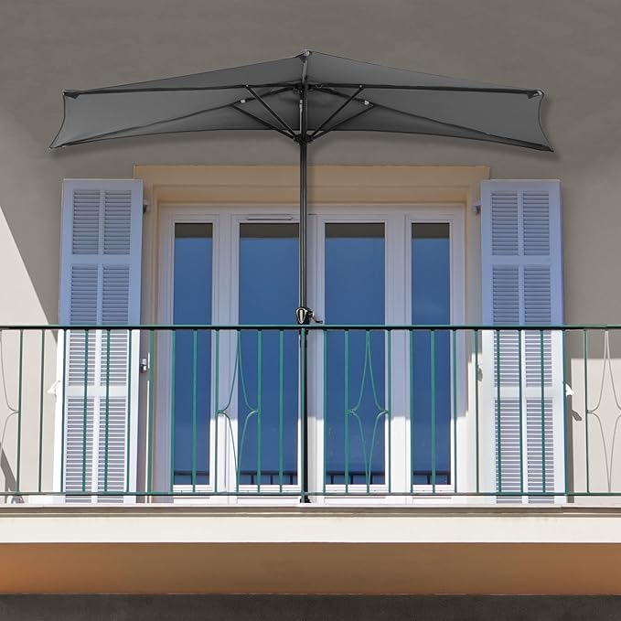 Half Umbrella Outdoor Patio Shade - 9 ft Patio Umbrella with Easy Crank - Small Canopy for Balcony, Table, or Deck by Pure Garden (Gray)