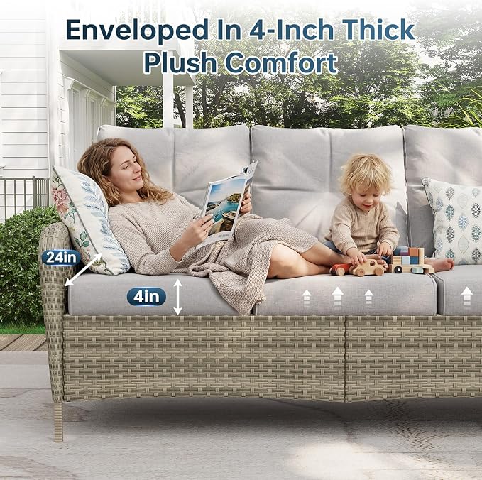 LazySunsets Luxury 10-Piece Patio Furniture Set with 44'' Fire Pit Table, Wicker Rattan Sofa with Thick Cushion, Outdoor Conversation Set for Backyard, Poolside & Garden, Beige/Gray