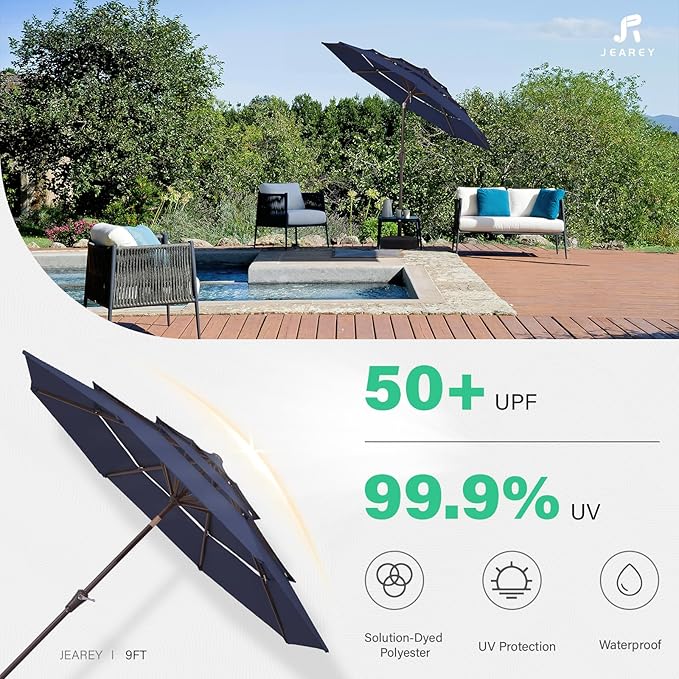JEAREY 9FT 3 Tier Patio Umbrella Outdoor Market Umbrella Table Umbrellas with 8 Ribs 1.5 Pole Push Button Tilt and Crank UV Protection for Garden,Navy