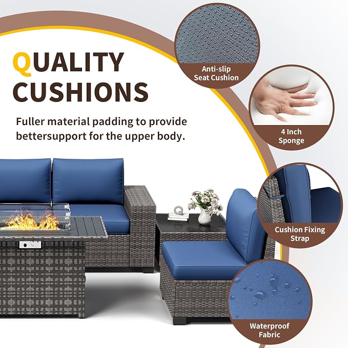 Patio Furniture with Fire Pit Table,8‘’ Wide armrest Outdoor Sectional Rattan Sofa Set, Wicker Patio Furniture Sets w/Coffee Table,Thick Cushions and Cover for Porch, Deck, 9 PC (Grey&Navy)