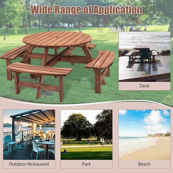 8 Person Outdoor Picnic Table with Wooden Bench, Round Picnic Table Dining Table w/ 4 Built-in Benches ,Umbrella Hole, Outside Table and Bench Set for Garden, Backyard, Porch, Patio, 2220lb Capacity