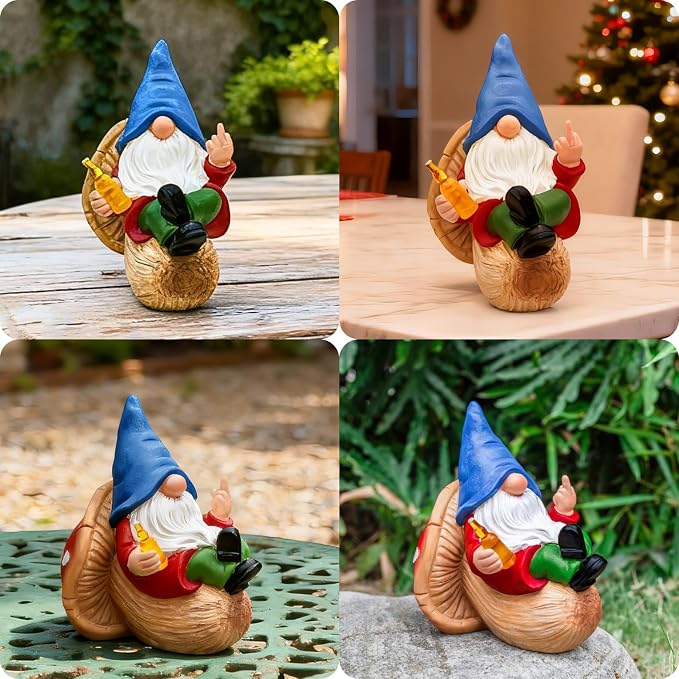 Middle Finger Gnome Statue Naughty Garden Gnomes Funny Drunk Gnome on Mushroom Indoor Outdoor Summer Decoration for Yard Lawn Home Christmas Birthday Gag Gift