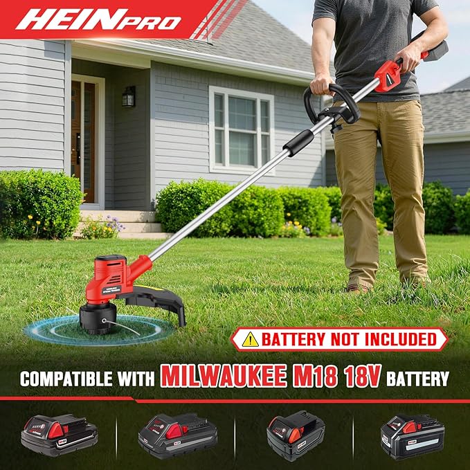 HEINPRO Cordless Weed Wacker Compatible with Milwaukee M18 Battery, 16" Brushless Weed Eater, Grass Trimmer for Lawn Care, Bump Feed, String Trimmer W/ 4 Bulk Trimmer Line Coils(Tool Only)
