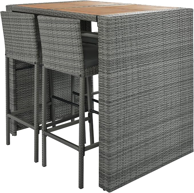 VilroCaz 5-Pieces Outdoor Patio Rattan Counter Height Dining Set, All-Weather Wicker Bar Table Set Conversation Set, Acacia Wood Table Top, Bar Height Chairs with Removable Cushion
