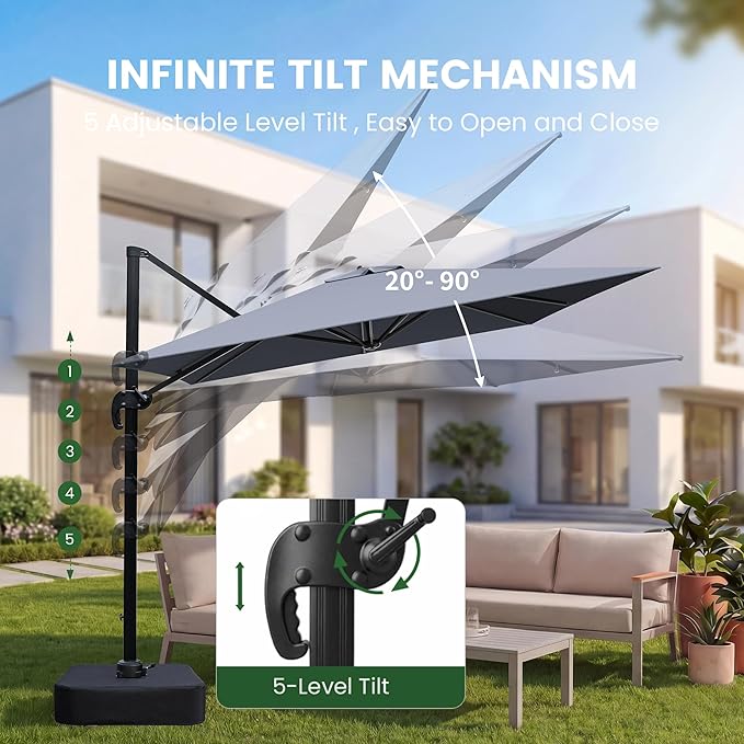 Olilawn 2 Pack 9' X 12' Patio Umbrella with Base Included, Large Outdoor Cantilever Offset Patio Umbrellas Rectangular Aluminum Umbrella with 360-degree Rotation & Infinite Tilt Adjustment for Poolside Luxury, Hosting, Backyard BBQ, Light Grey