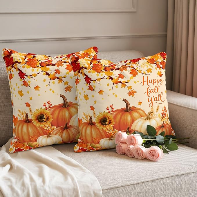 Orange Fall Waterproof Outdoor Pillow Covers 20''x20'' Set of 2, Maple Tree Branch Thanksgiving Pumpkin Patio Cushion Covers for Chairs,Decorative Countryside Leaves Pillow Cases for Garden/Pool/Beach