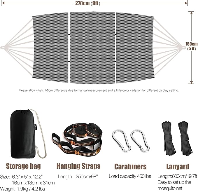 Anyoo Camping Hammock with Mosquito Netting and Tree Straps - Sturdy Up to 450lbs for Outdoor, Backyard, Backpacking, Hiking