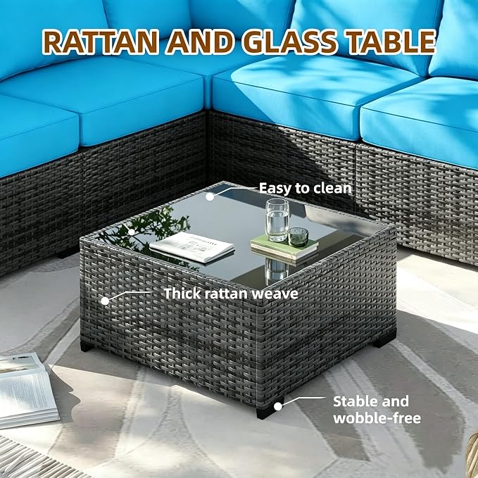 MOCHITO 5 Pcs Outdoor Patio Furniture Sets Grey Rattan Turk Blue Cushions | All-Weather Sectional Sofa, with Glass Table, PE Rattan Wicker Patio Furniture , Washable Cushions, for Balcony Porch Garden
