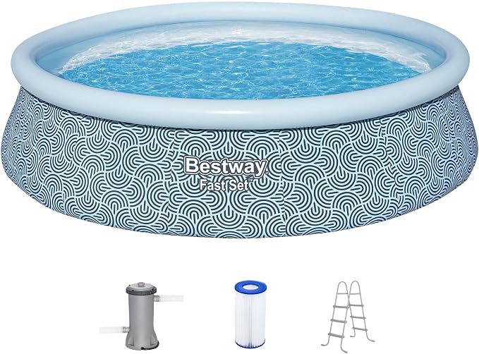 Bestway Fast Set 15' x 42" Above Ground Pool, Round Inflatable Ring Top Outdoor Swimming Pool Set with Filter Pump & Type III A/C Cartridge