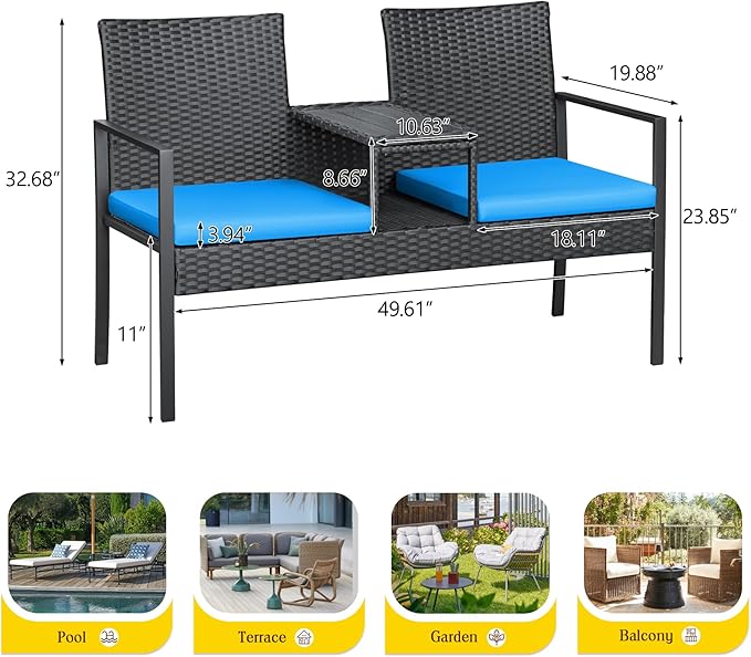 Greesum Patio Conversation Set Outdoor Wicker Furniture Sets with Soft Cushions and Built-in Coffee Table for Lawn, Garden and Backyard, Blue