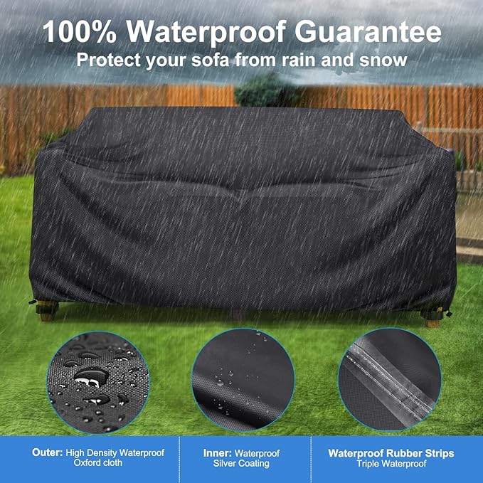 Heavy Duty Patio Sofa Cover Waterproof, Mrrihand 3-Seater Outdoor Sofa Loveseat Cover, Outdoor Patio Furniture Cover with Air Vent and Handles, 87" L×37" D×35" H, Black