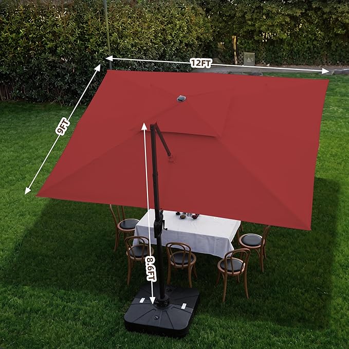9 X 12 FT Cantilever Outdoor Patio Umbrella with Base Included Large Heavy Duty 360° Rotation Double Top Offset Rectangular Umbrellas with LED Lights for Backyard Outside Deck, Red