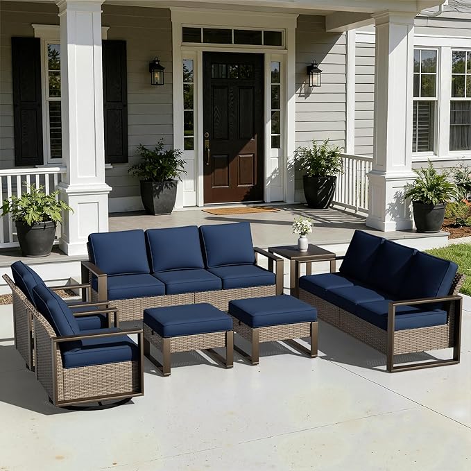 Outdoor Patio Swivel Rocker Chairs, 7 Pieces Wicker Furniture Set, 2 Swivel Rocking Chairs, 2 Sofa 2 Ottoman and 1 Table, Wide Armrest, Thick Cushions and Deep Seating for Garden, Backyard, Porch