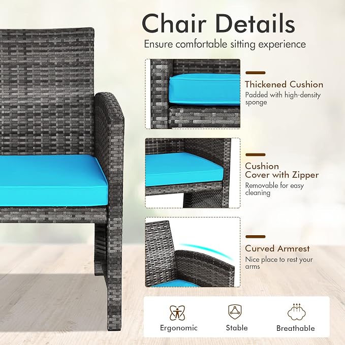 Outdoor Conversation Set, 4 Pieces Wicker Patio Furniture Set with Ergonomic Curved Design, Patio Chair Set with Water-resistant Cushion & Tempered Glass Table for Porch,Balcony(Turquoise)