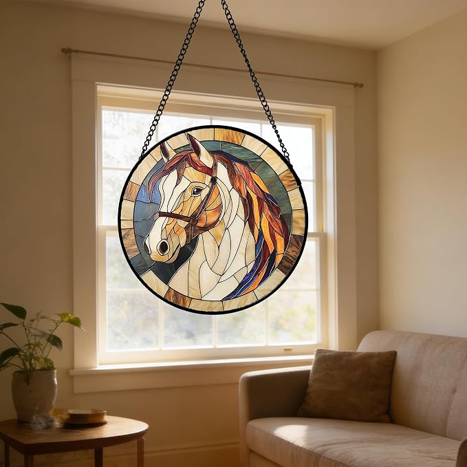 DASTOLL Stained Glass Window Hanging, Animal Horse Colored Mane Sun Catchers Glass Panel Cool Suncatcher Decor for Birthday for Women, Men, Wife, Aunt, and Mom 11.8x11.8 in