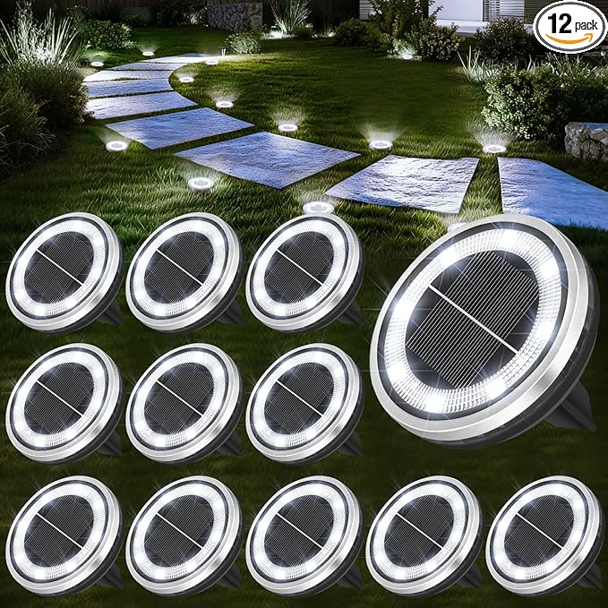 ZAIYW 12 Pack Solar Ground Lights Outdoor Waterproof Pathway Lights Solar Powered Disc Landscape Lighting for Garden Lawn Yard Walkway Deck Decoration (Cool White)