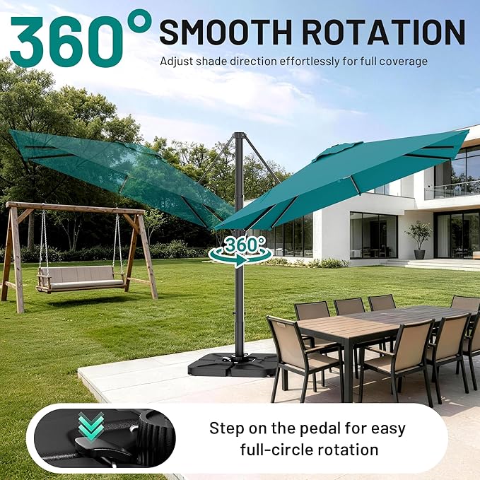 AreShark 9 × 9FT Square Cantilever Patio Umbrella with Base Included, 360° Rotation Offset Outdoor Umbrella, 5 Tilt Settings Heavy Duty Hanging Parasol for Deck Garden Pool, Lake Blue