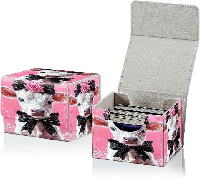 Card Deck Box for MTG, Cards Storage Box Fits 120+ Sleeved, Leather Small Size Strong Magnetic Closing Card Case for Board Games Magic TCG CCG Baseball Collection, Pink Flower White Cow