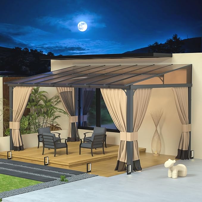 10' x 14' Lean to Gazebo,Large Wall Mount Heavy Duty Gazebos Pavilion,Outdoor Hardtop Pergola Shelter with Curtains and Netting,Sunshade for Patio Garden Lawn Backyard Deck,Brown