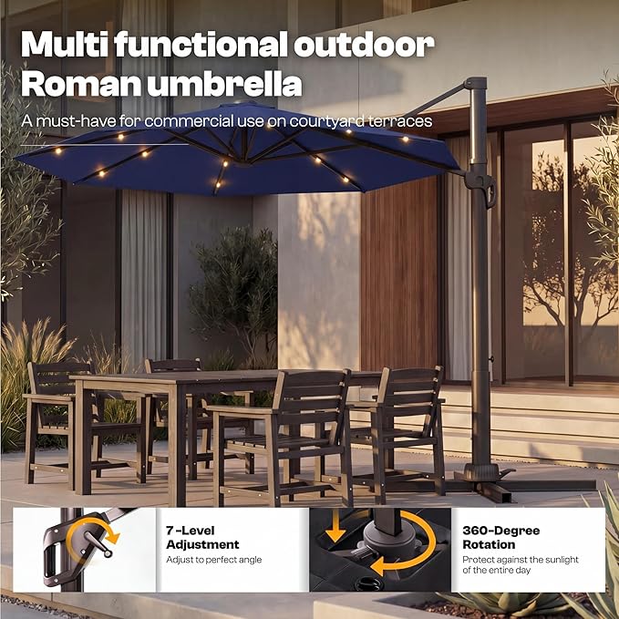Kingdura 9ft Cantilever Patio Umbrella with Base Included & Solar Lights, Large Round Metal Outdoor Offset Umbrella with 360-degree Rotation, 4 Position Tilt, UV Protection for Pool Deck Patio (Navy blue)