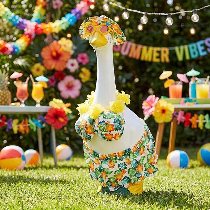 Green Bikini Goose Clothes Set with Sunglasses Lei Hat, Green Hawaiian Swimming Suits Porch Goose Outfits for 23 Inch Goose Statue, Summer Tropical Yard Garden Decor (Green)
