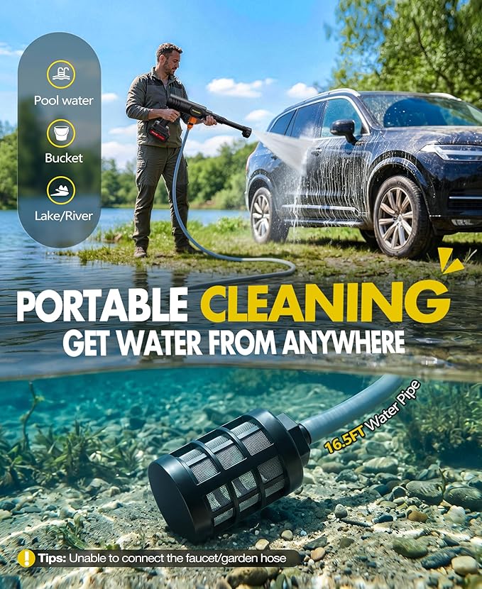 PoolLeader Cordless Car Cleaning Tool, Lightweight Portable Car Cleaner with 6-in-1 Nozzle & Foam Cannon, Battery Operated Cordless Car Wash Spray, Handheld Wash Machine for Car, Patio, Home - Yellow