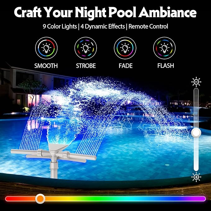 Mooroer Solar Pool Fountain with 9-Color LED Lights, Dual-Head Adjustable Waterfall Sprinkler, Cools Water 10-20°F, Remote Control & Light Sensor for Above/Inground Pools, Relaxation & Party Decor